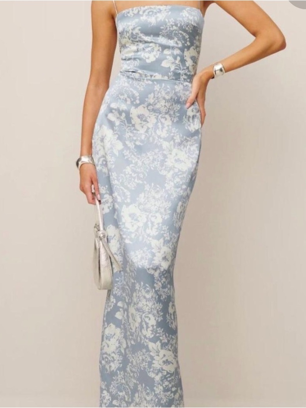 Reformation Light Blue and Cream Strapless Floral Gown